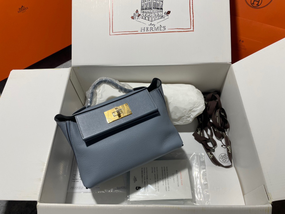 Hermes Kelly 2424 29cm Handbag in Blue Lin Clemence Leather 